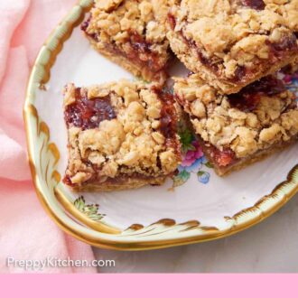 Pinterest graphic of an overhead view of a platter of raspberry bars.