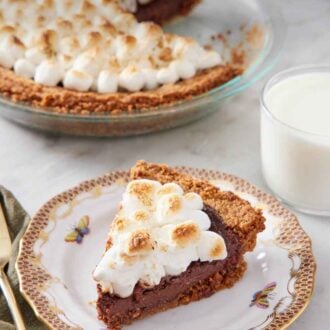 Pinterest graphic of a slice of s'more pie with a glass of milk and the rest of the pie in the background.