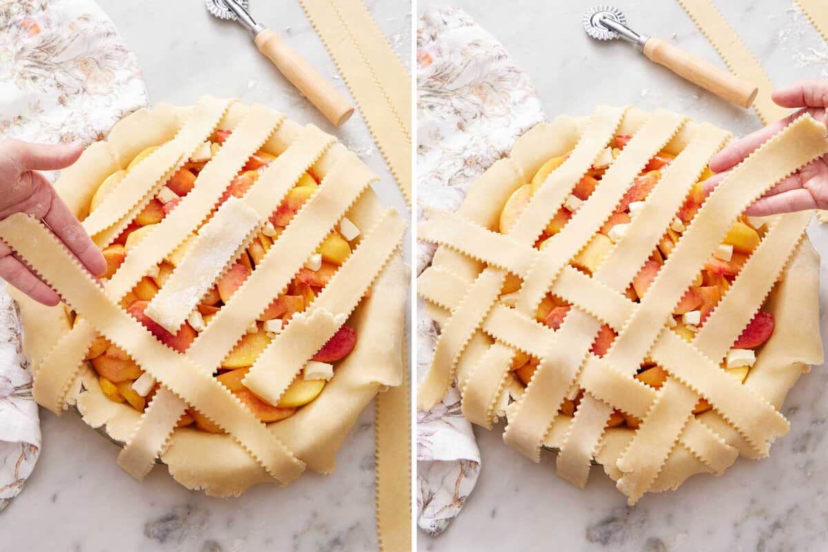 Lattice top being assembled over a peach pie.