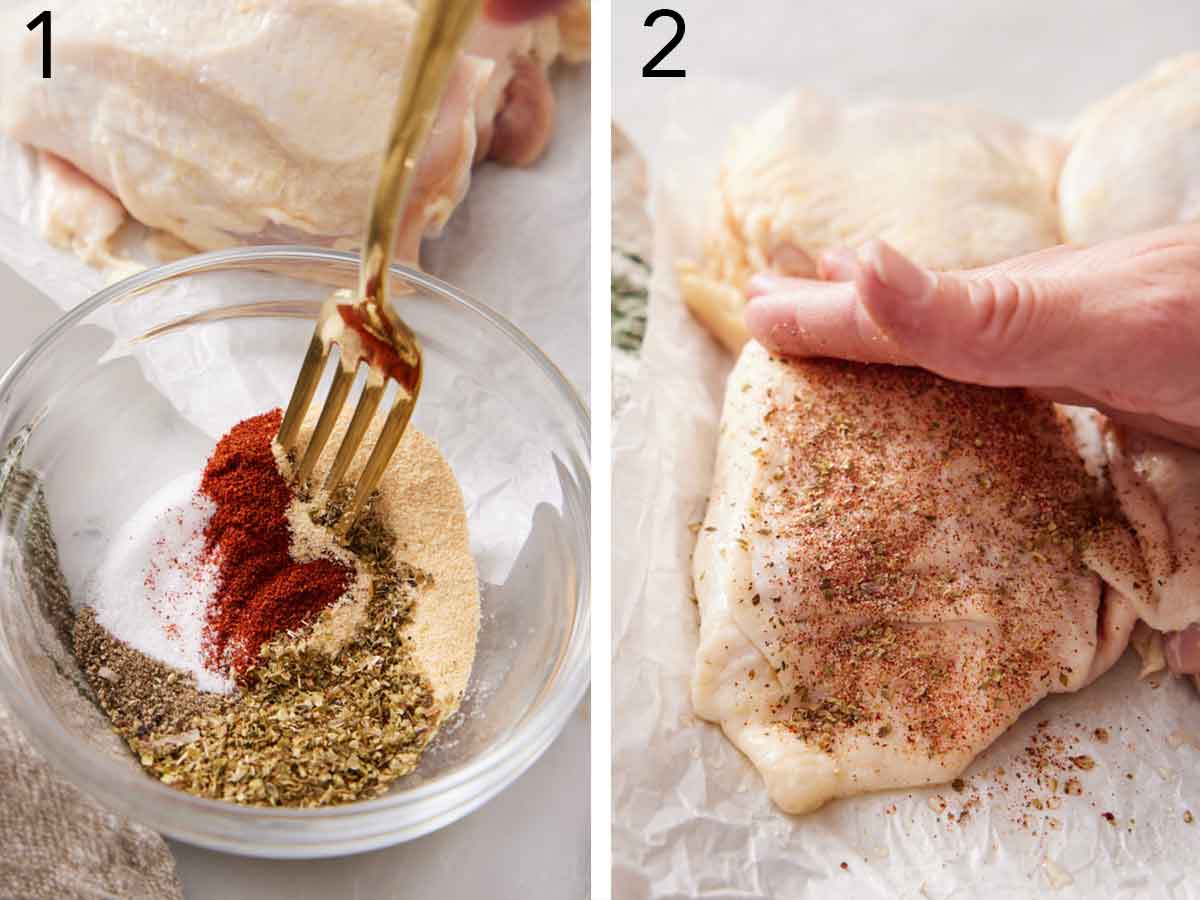 Set of two photos showing seasoning mixed in a bowl and patted onto raw chicken thighs.