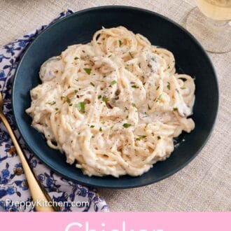 Pinterest graphic of a bowl of chicken tetrazzini topped with chopped parsley.