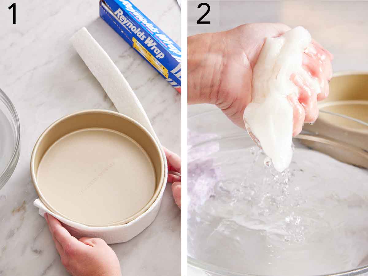 Set of two photos showing paper towel wrapped around a baking dish then soaked in water.