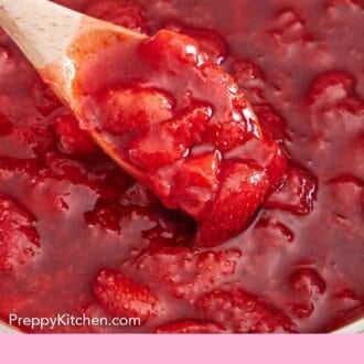 Pinterest graphic of a wooden spoon scooping out some strawberry sauce in a pot.