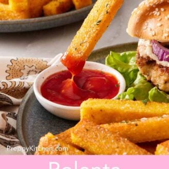 Pinterest graphic showing a polenta fry dipped into ketchup.