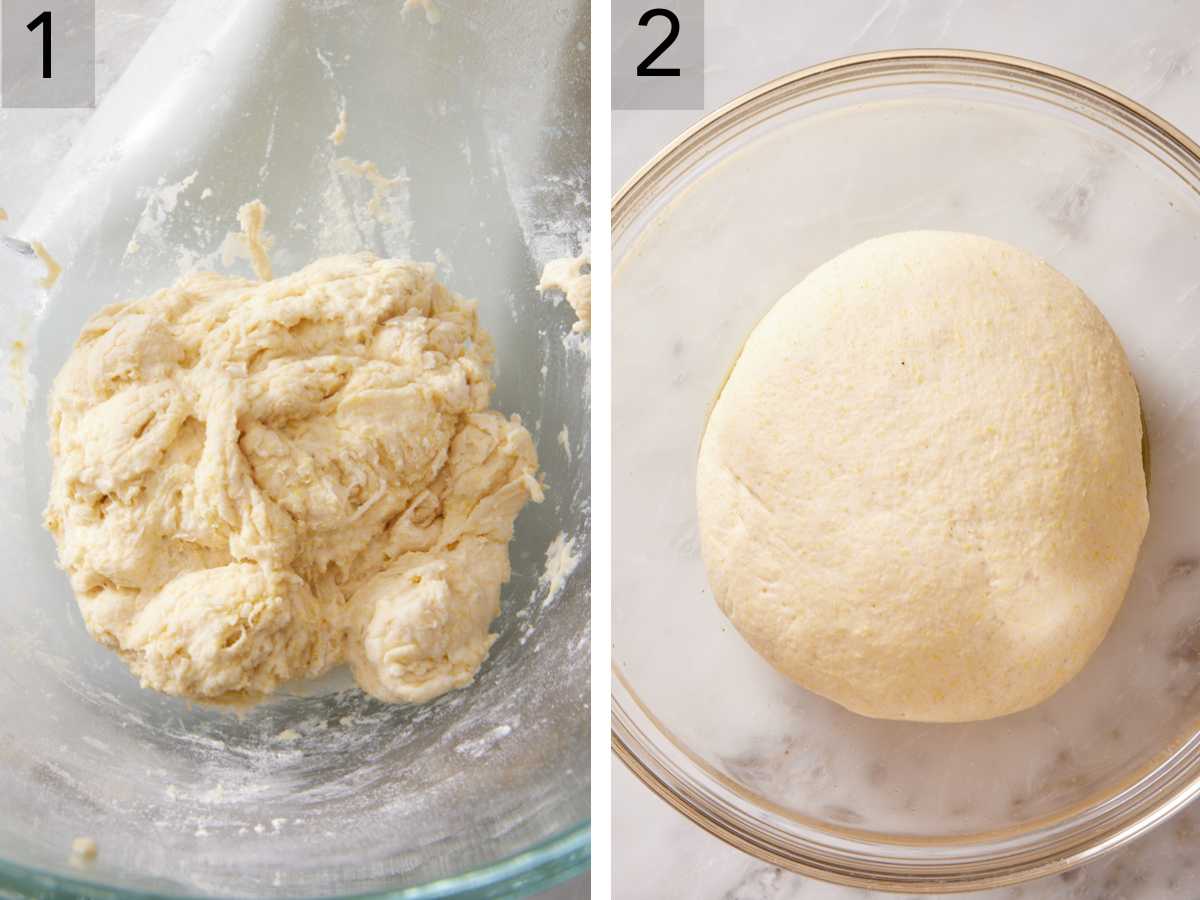 Set of two images showing pizza dough before and after rising.