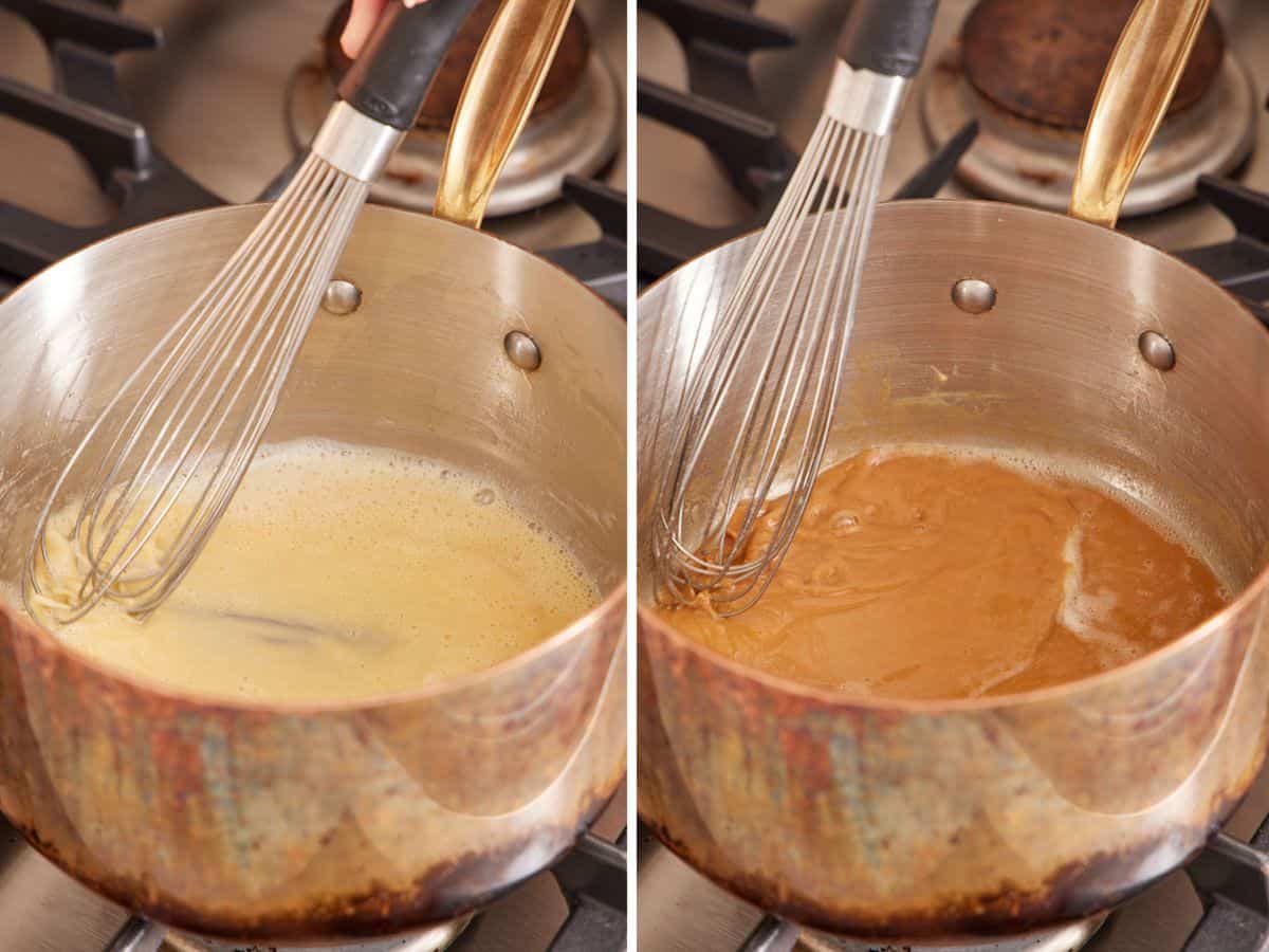Set of two images showing a dark and light roux cooking in saucepans.