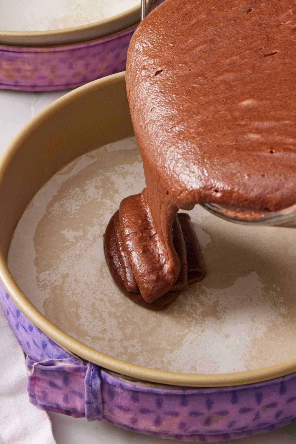 Cake batter poured into a baking pan with a baking strip on the outside.