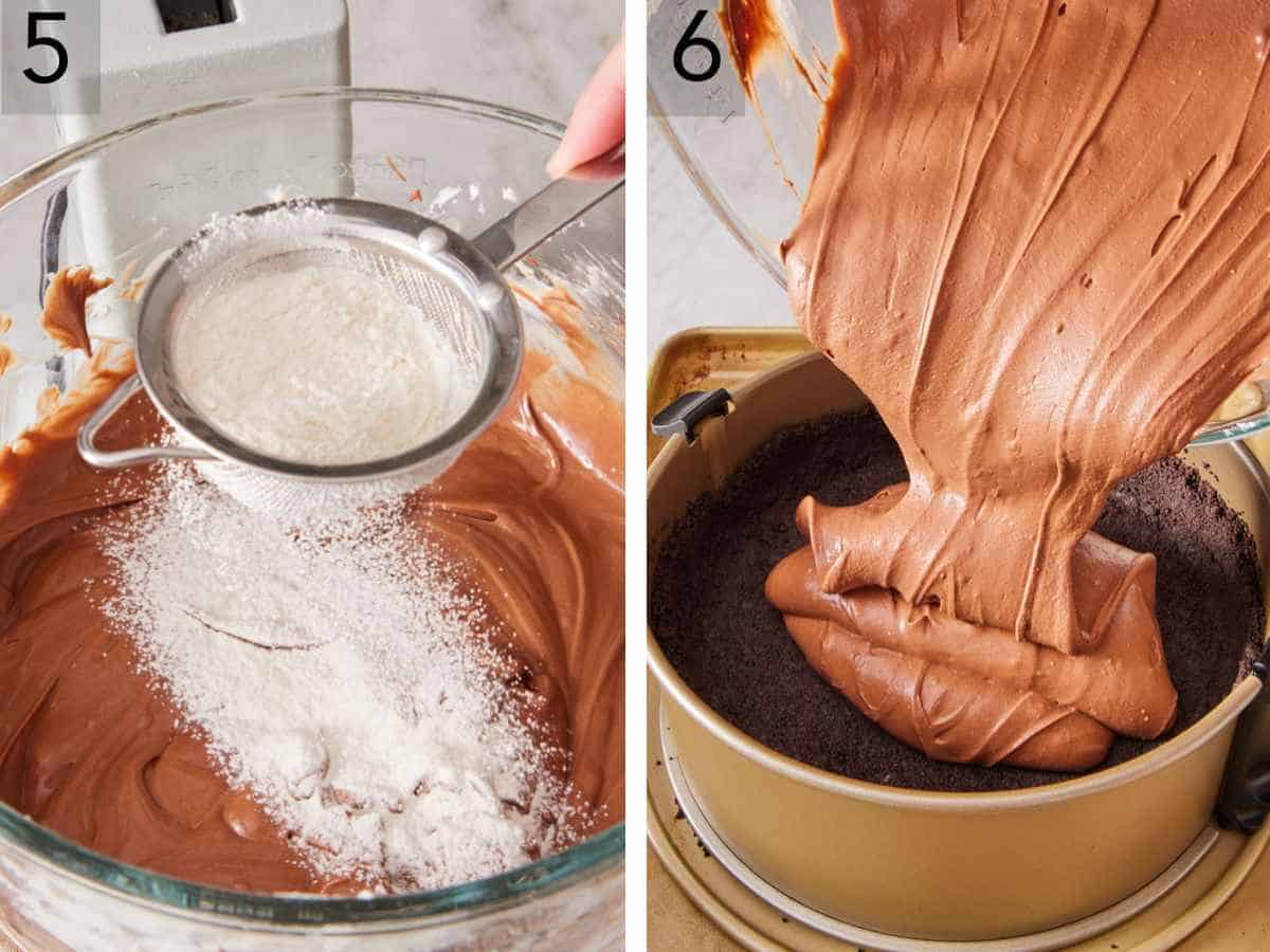 Set of two images showing flour added to chocolate cheesecake batter, and the batter poured over the cookie crust.