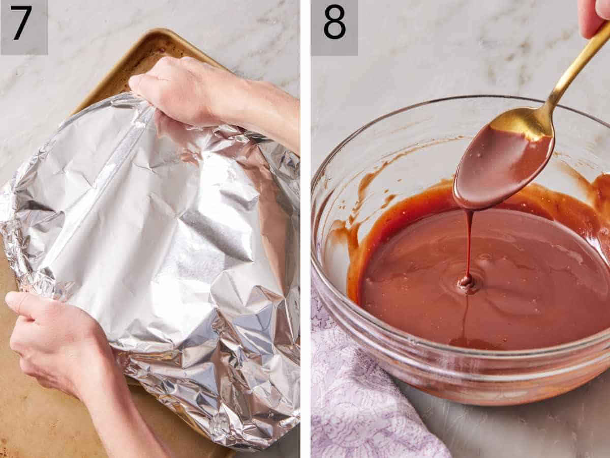 Set of two images showing the pan covered with foil, and chocolate melted in a bowl with a spoon lifted out to show the drizzling consistency.