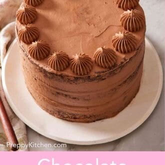 Pinterest graphic showing a whole frosted chocolate zucchini cake.