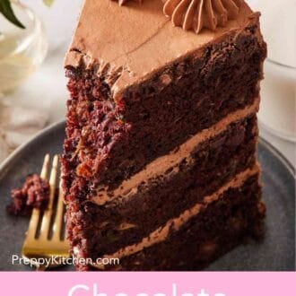 Pinterest graphic showing a close-up of a slice of chocolate zucchini cake on a small plate with a small forkful removed.