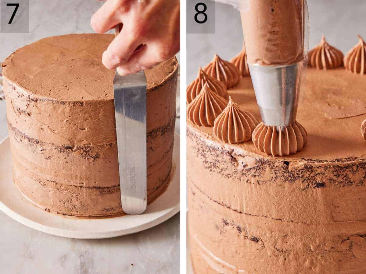 Set of two images showing the outside of the cake frosted, and buttercream blobs piped on top.