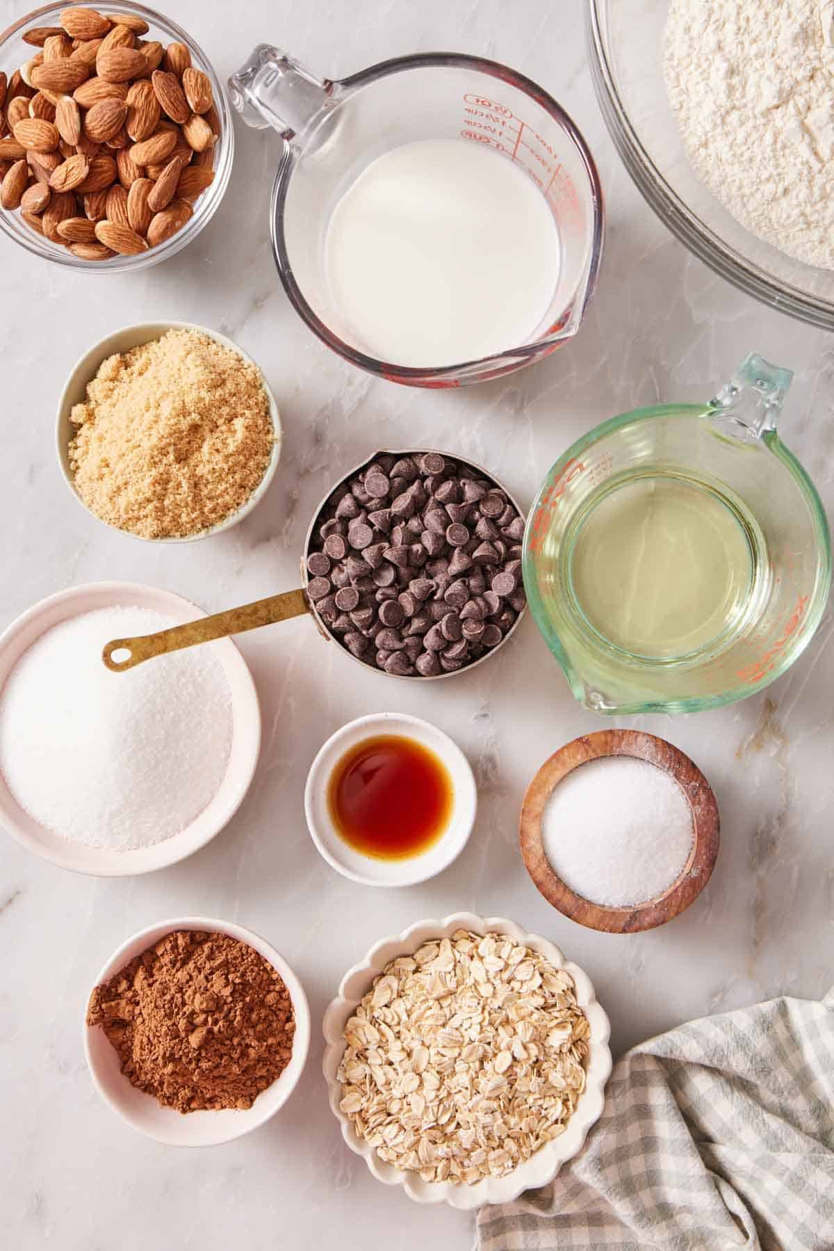 Overhead shot of various common ingredients like sugar and milk.