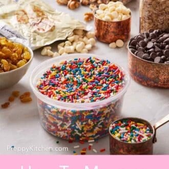 Pinterest graphic showing various chunky baking ingredients like sprinkles and chocolate chips.