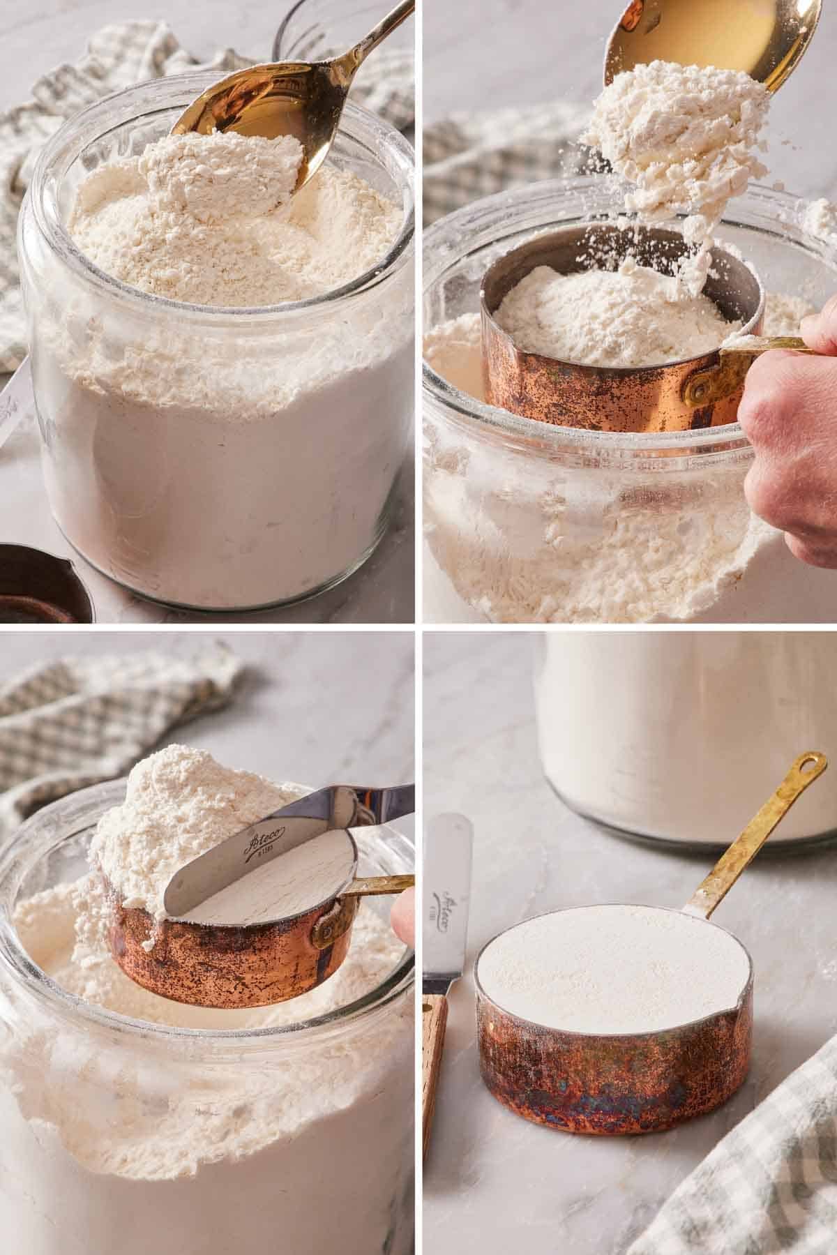 Set of four images showing how to properly spoon and level flour.