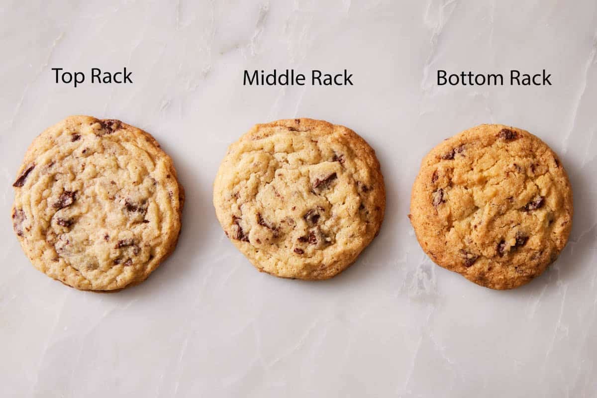 Three cookies showing the difference in baking outcomes when baked on the top rack, middle rack, and bottom rack.