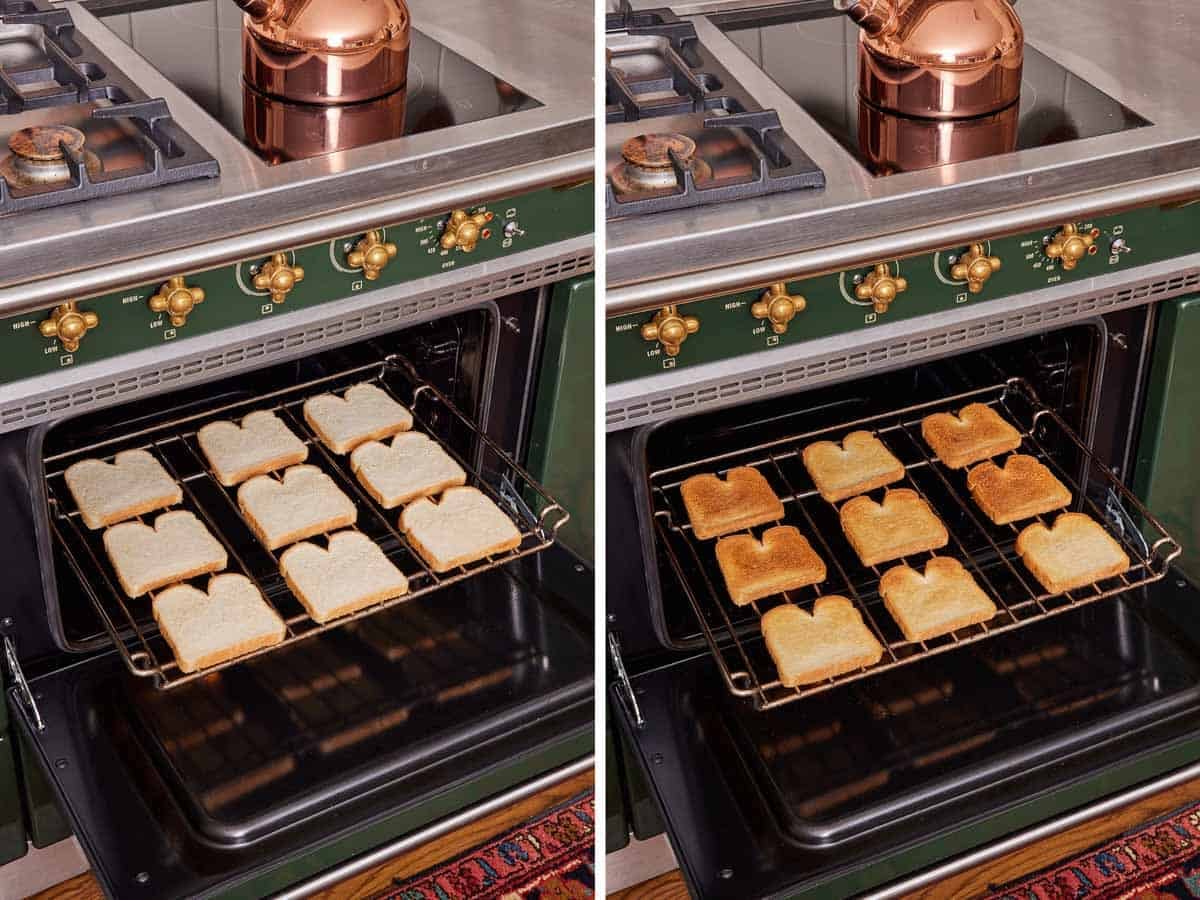 Set of two images showing how hot spots in an oven affect the toastiness of sliced bread.