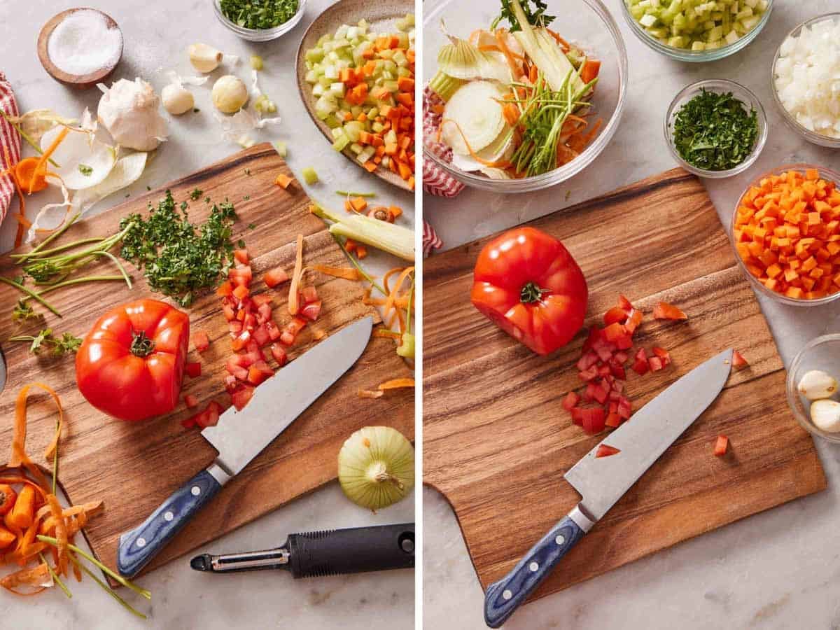 Set of two images showing lots of chopped vegetables, their peels, and bits to be discarded.