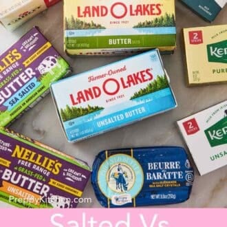 Pinterest graphic showing an overhead shot of different brands of butter on a marble countertop.