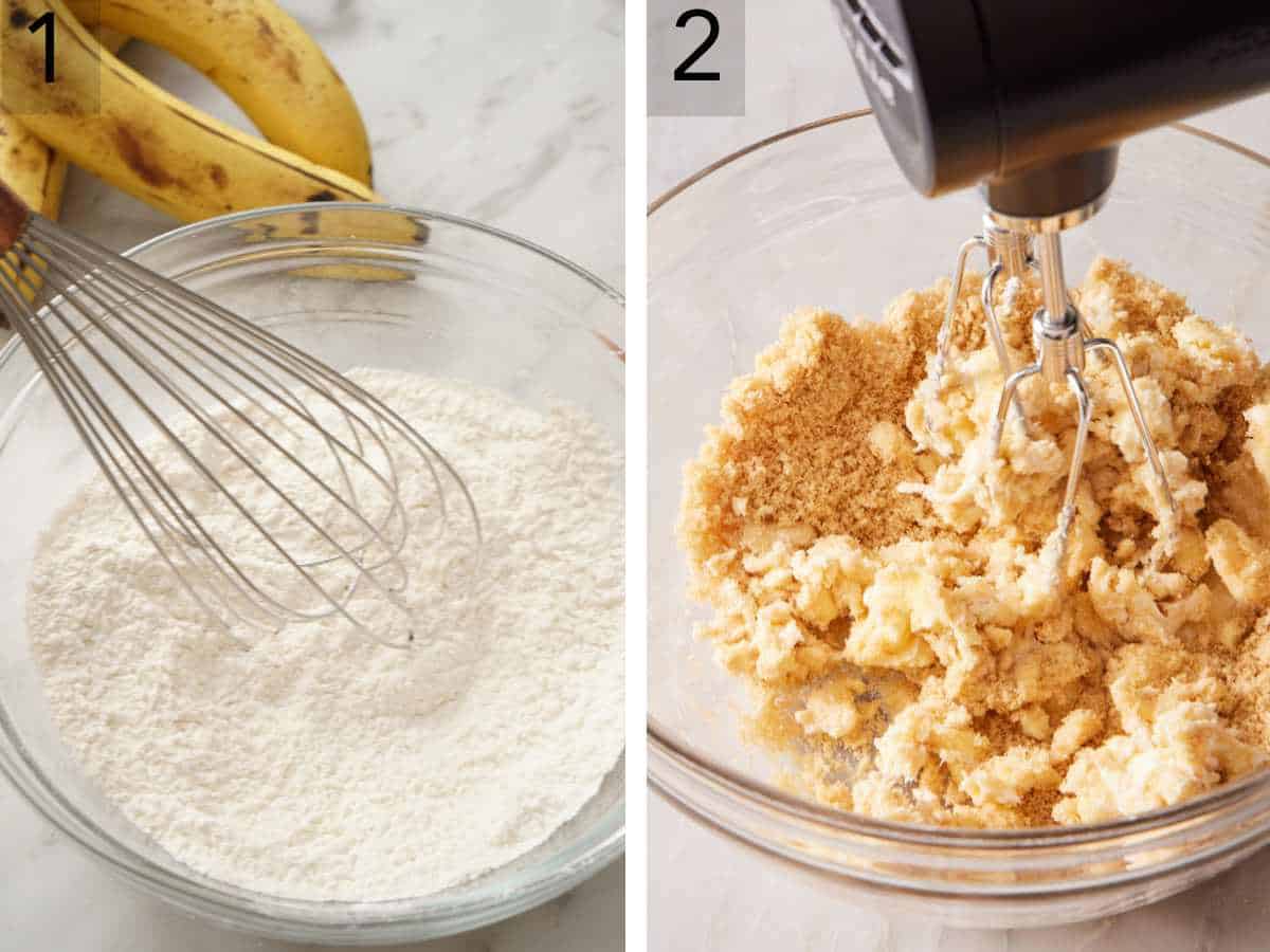 Set of two images showing dry ingredients whisked together, and wet ingredients mixed in a separate bowl.