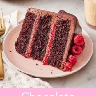 Pinterest graphic showing a slice of chocolate raspberry cake laying on its side on a plate.