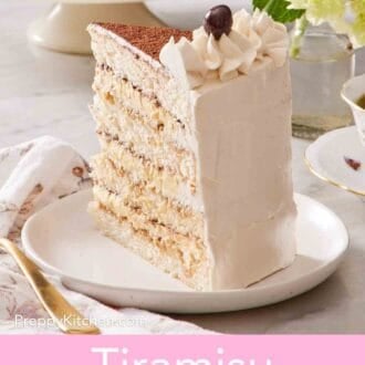 Pinterest graphic showing a slice of tiramisu cake on a small plate.