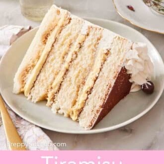 Pinterest graphic showing a slice of tiramisu cake on its side on a plate with a cup of coffee behind it mostly out of frame.
