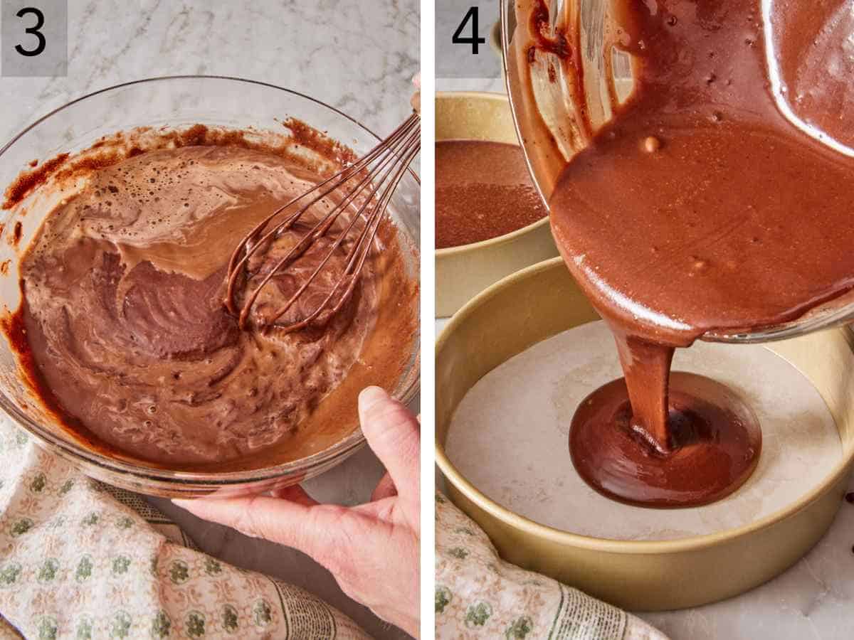 Set of two images showing batter combined together and divided amongst cake pans.