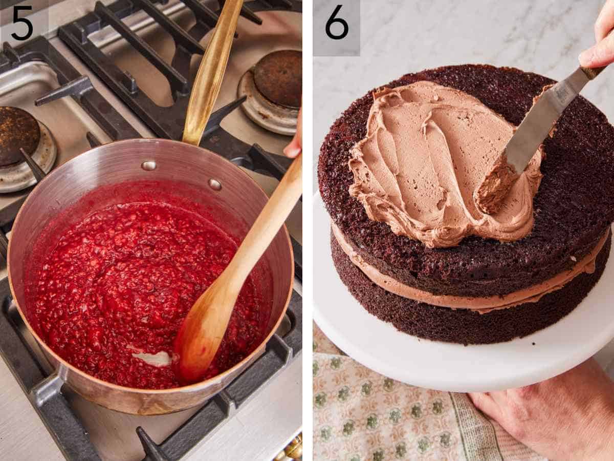 Set of two images showing raspberry filling made in a pot, and frosting spread over the baked cake.