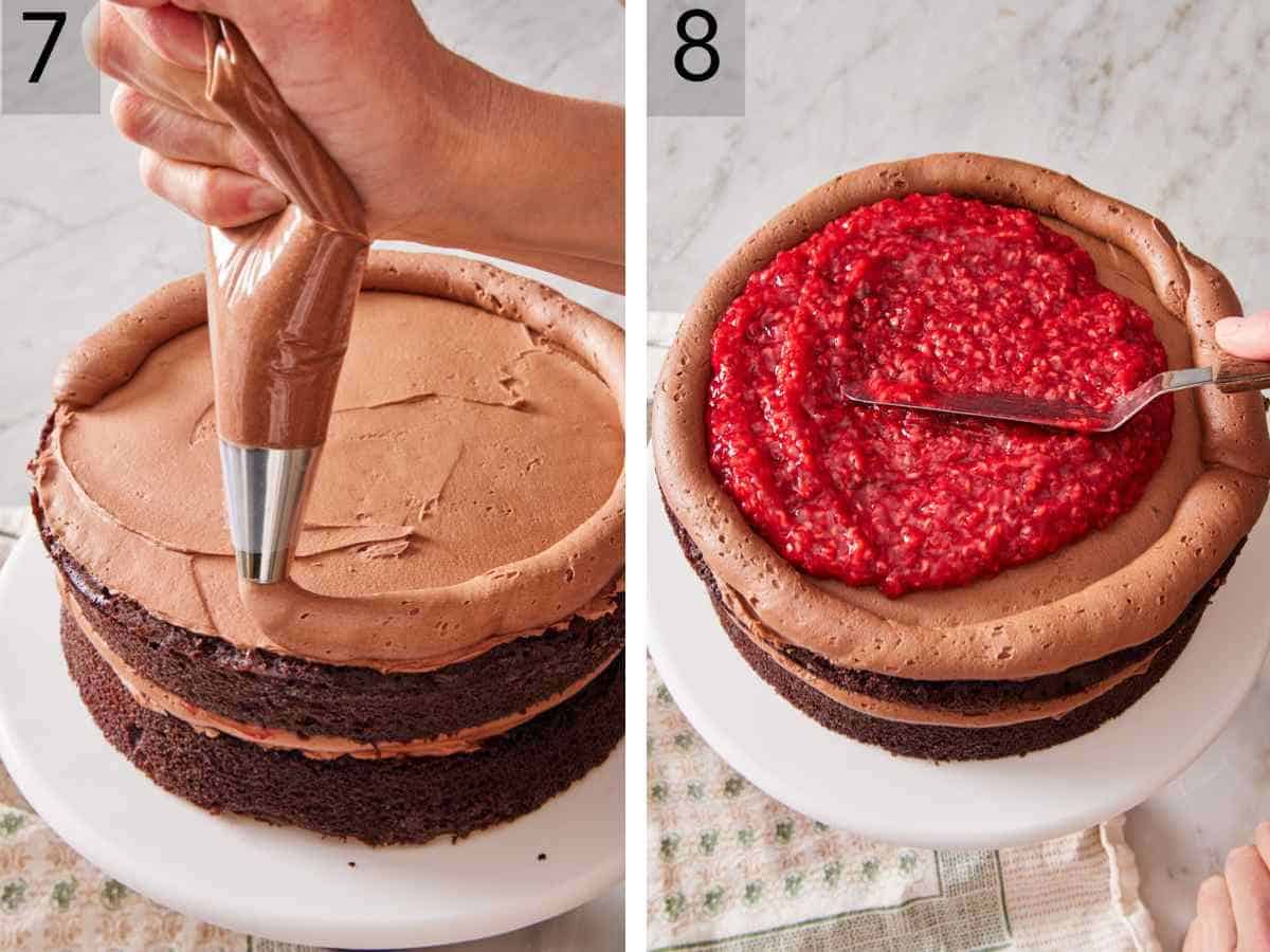 Set of two images showing frosting piped on top and the filling added.