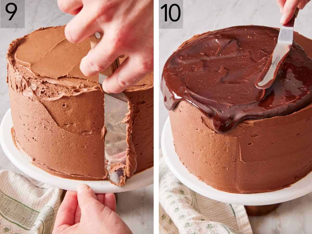 Set of two images showing the outside of the cake frosted and ganache spread over the top.
