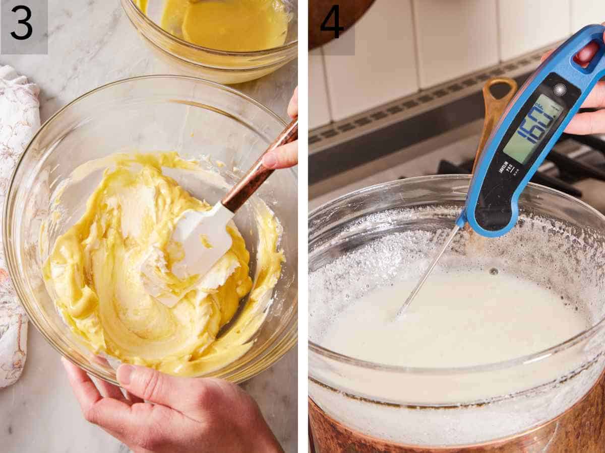 Set of two images showing custard filling mixed, and the Swiss meringue frosting temperature checked.