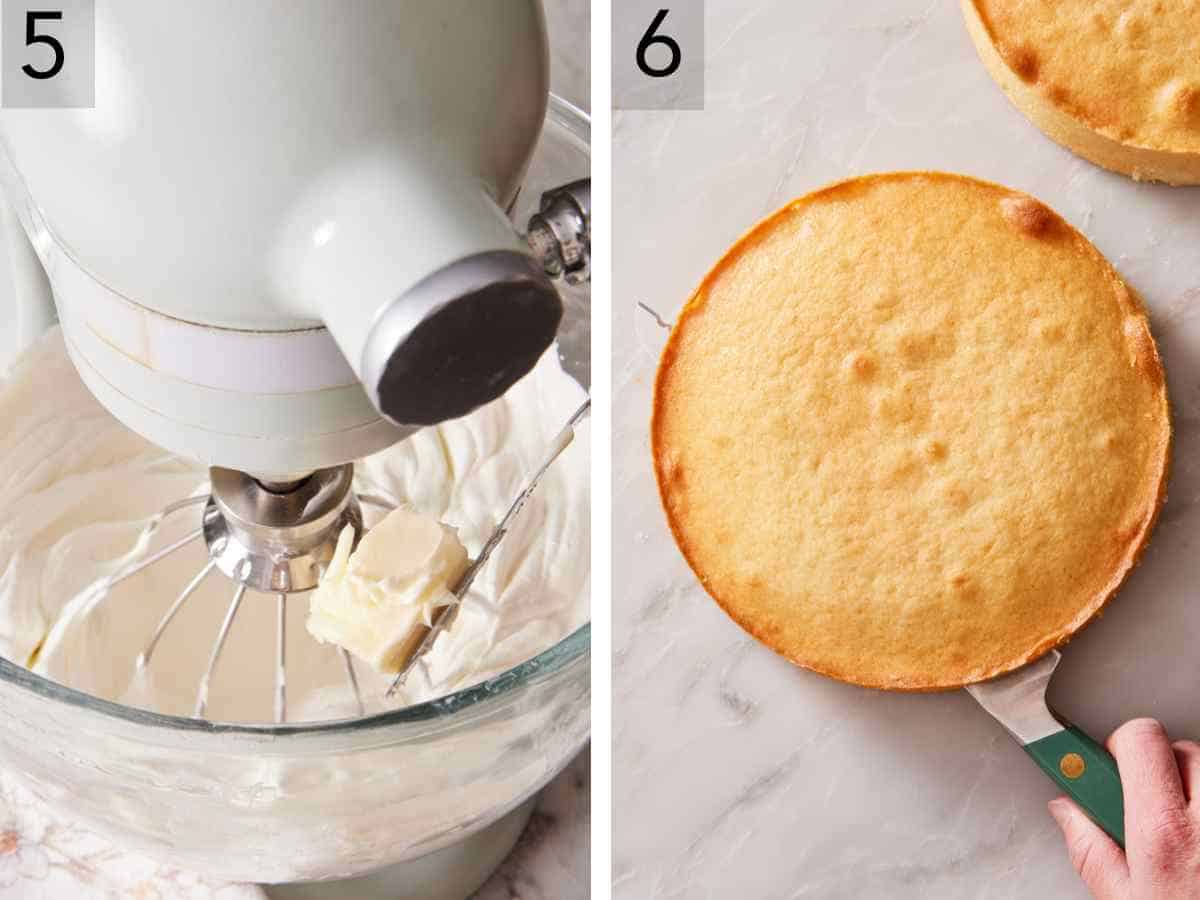 Set of two images showing frosting in a stand mixer, and a cake layer cut in half through the center.
